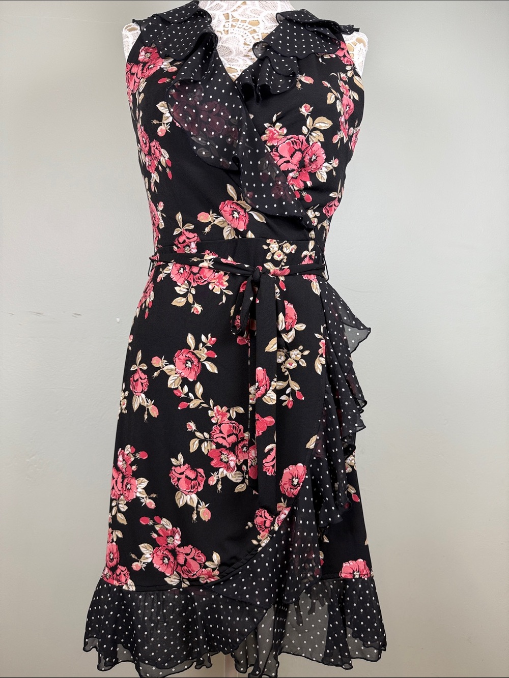 WHBM Black Pink Floral Polka Dot Mixed Print Ruffle Sleeveless Dress Size 6